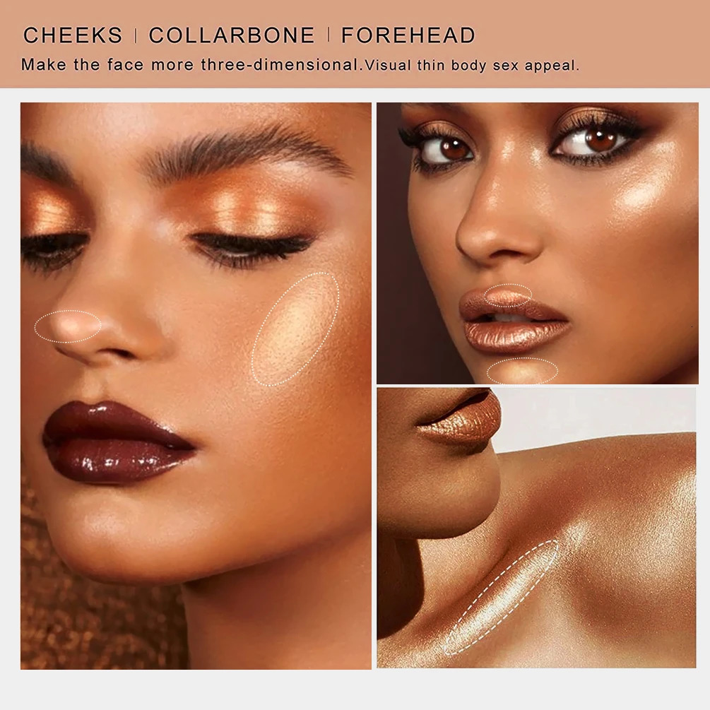 2color Highlight is used for cosmetics with a bright Highlander stick that outlines the face and bronze shimmer lighting as makeup tool 250219