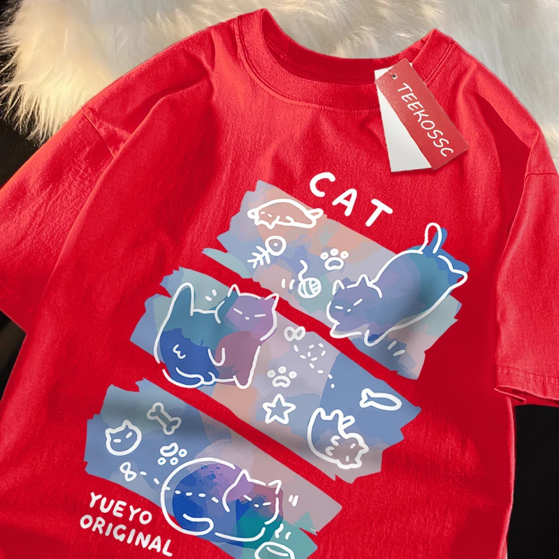 Fun Mischievous Cat Print Japanese Style T-Shirts Men Women Fashion Tshirs Breathable Summer T-Shirts Cotton Loose Tee Clothes 250226