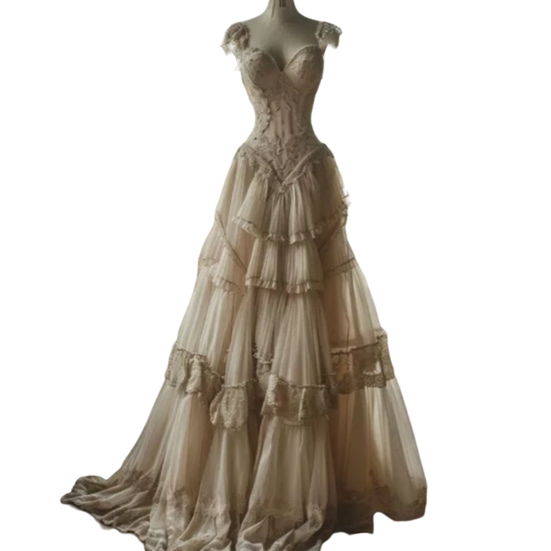 Vintage Victorian Light Champagne Prom Dresses Ruffle Lace Appliques Caped A-Line Princess Corset Evening Gown Elegant Engagement Dress Formal Party G