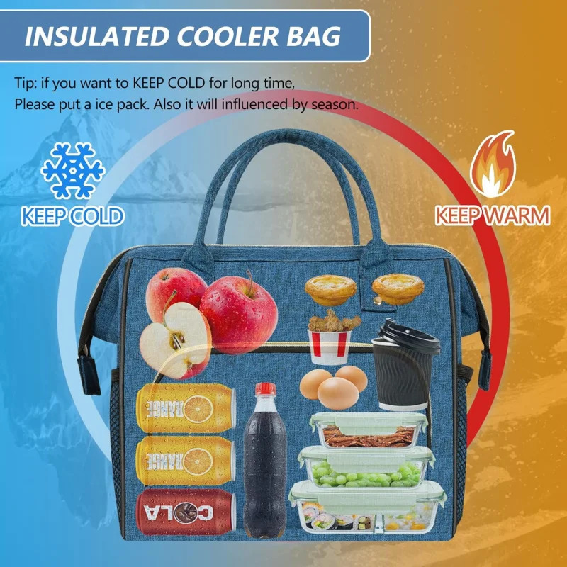 Ship from US Large Insulated Lunch Bag Men Blue Reusable Cooler with Pockets Leakproof and Insulation 250227FBB