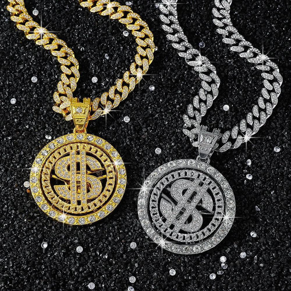 Men Hip Hop Big Rotatable US Dollar Money Sign Pendant Necklace 13mm Iced out Cuban Chain Choker Necklace Rap Rock Charm Jewelry 250227