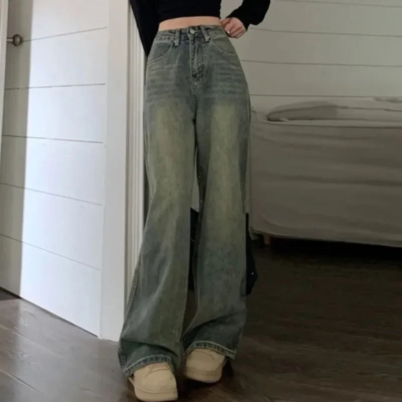 Vintage Jeans Women Irregular High Waist Slimming Wide Leg Mop Long Pants Fashion Blue Baggy Y2K Streetwear 250226