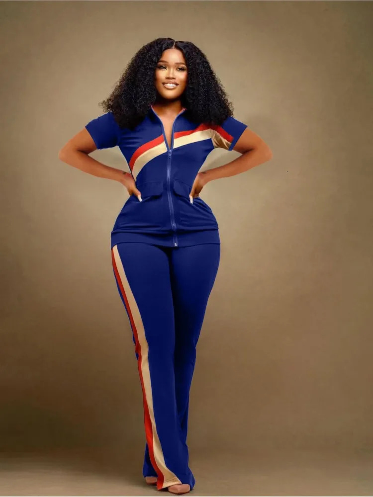 Womens Sports Leisure Set Spring Summer V-neck Zipper Short Sleeve Top Stripe Print Pant Fashion Pocket Womens Two Piece Set 250226