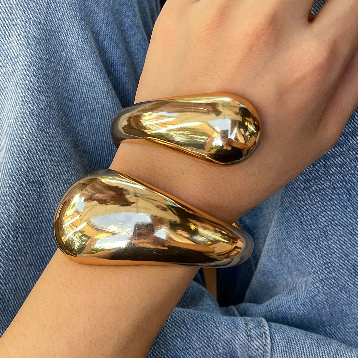 KMVEXO Wide Metal Chunky Waterdrop Bangles for Women Gold Silver Color Open Cuff Thick Irregular Twisted Bangle Bracelet Jewelry 250227