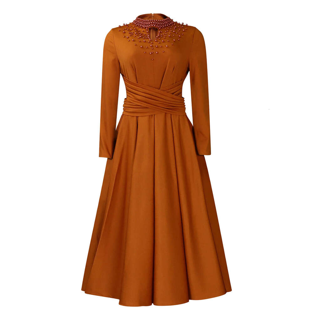 D454 Women's Fashionable High Collar Elegant Nail Bead Grand Swing with Waist Folding African Dress 2025 New Casual Versatile Fashion Clothing