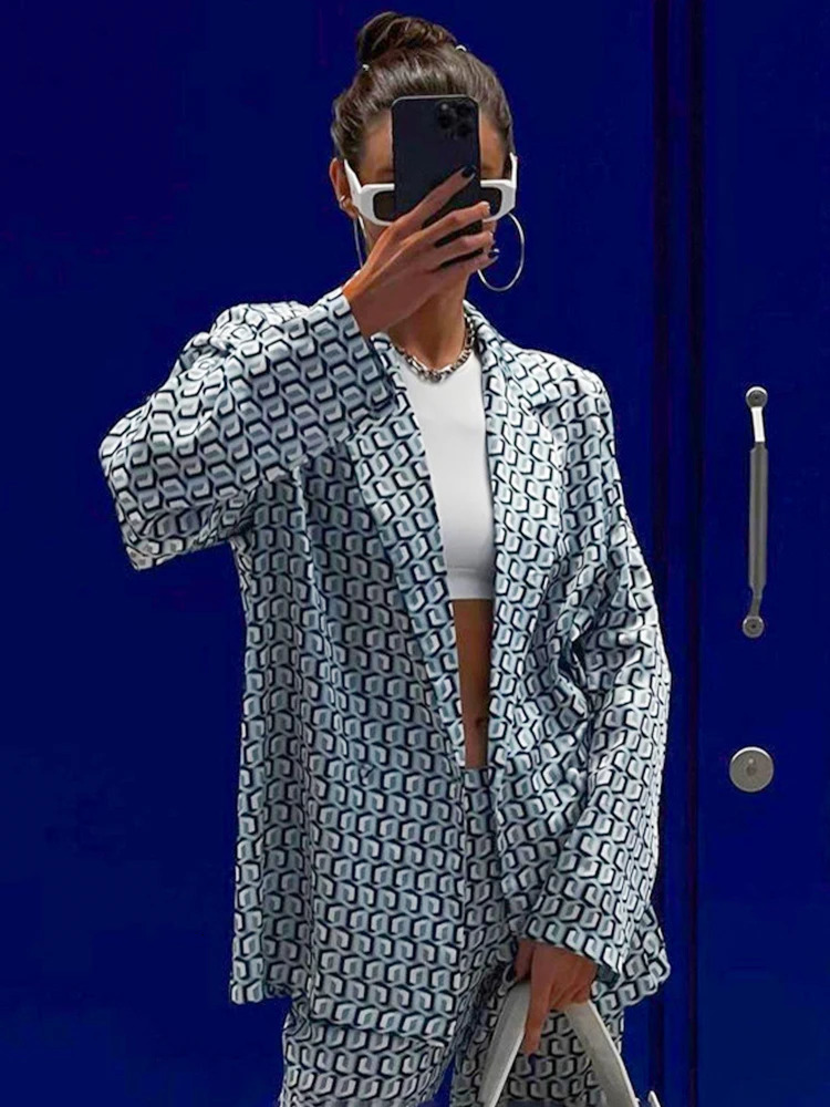 Autumn Winter Women Office Satin Suit Sets Printed V-neck Long Sleeve 2 Piece Pant Matching Set 250226