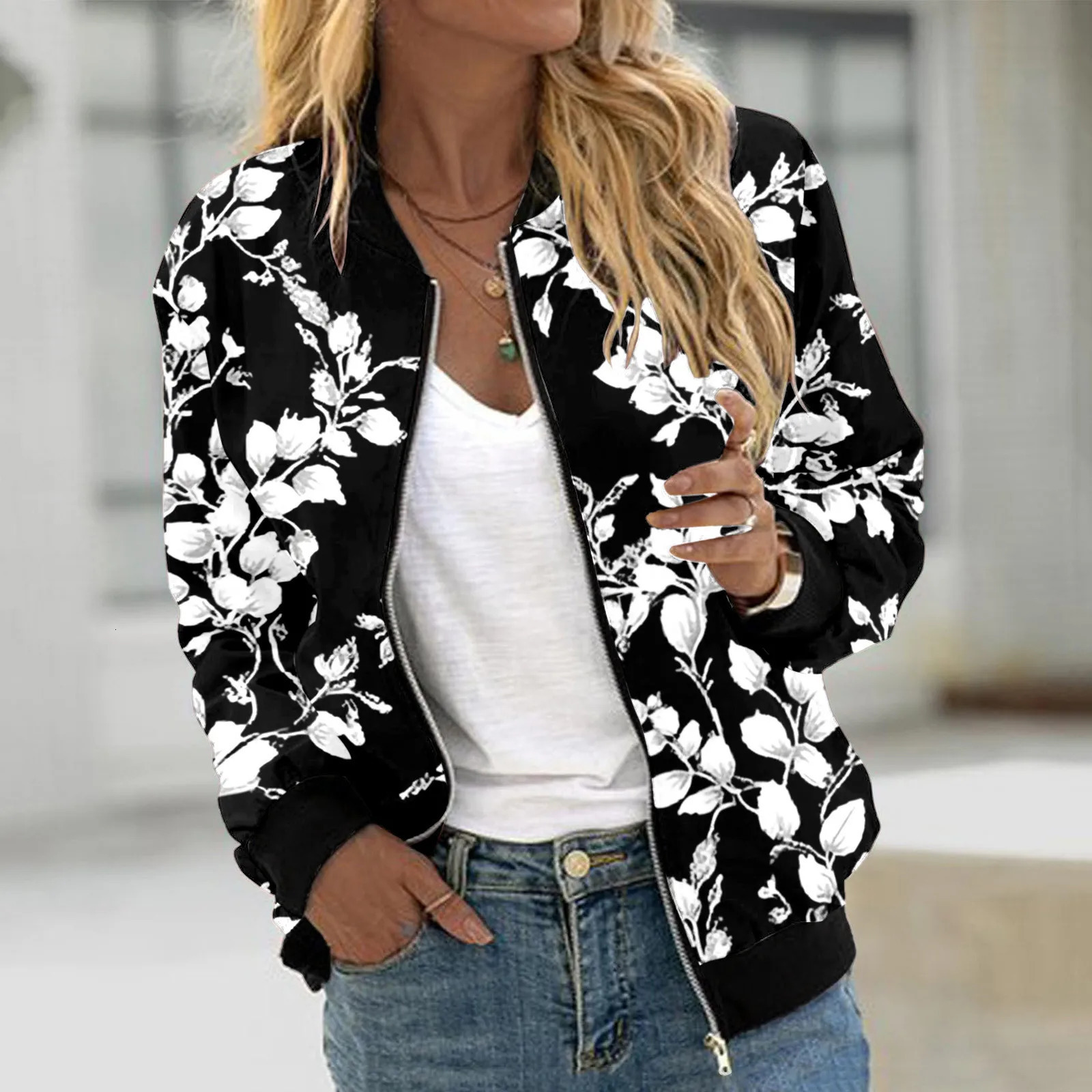Autumn sports jacket womens floral print long sleeved short full zip bomber casual loose Chaqueta 250227