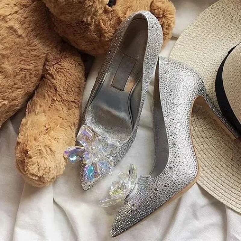 Red Crystal Covered Pointy Toe Pumps Rhie Cinderella Heels Wedding Bridal Stiletto Heel Women Shoes