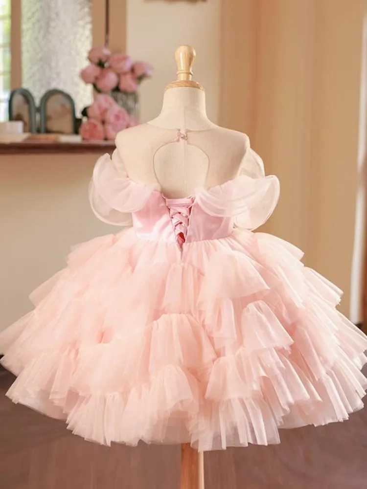 Girl's Dresses New Childrens Princess Evening Gown Mesh Pearls Sleeveless Design Kids Wedding Birthday Baptism Party Dresses For Girls A3648 Y250