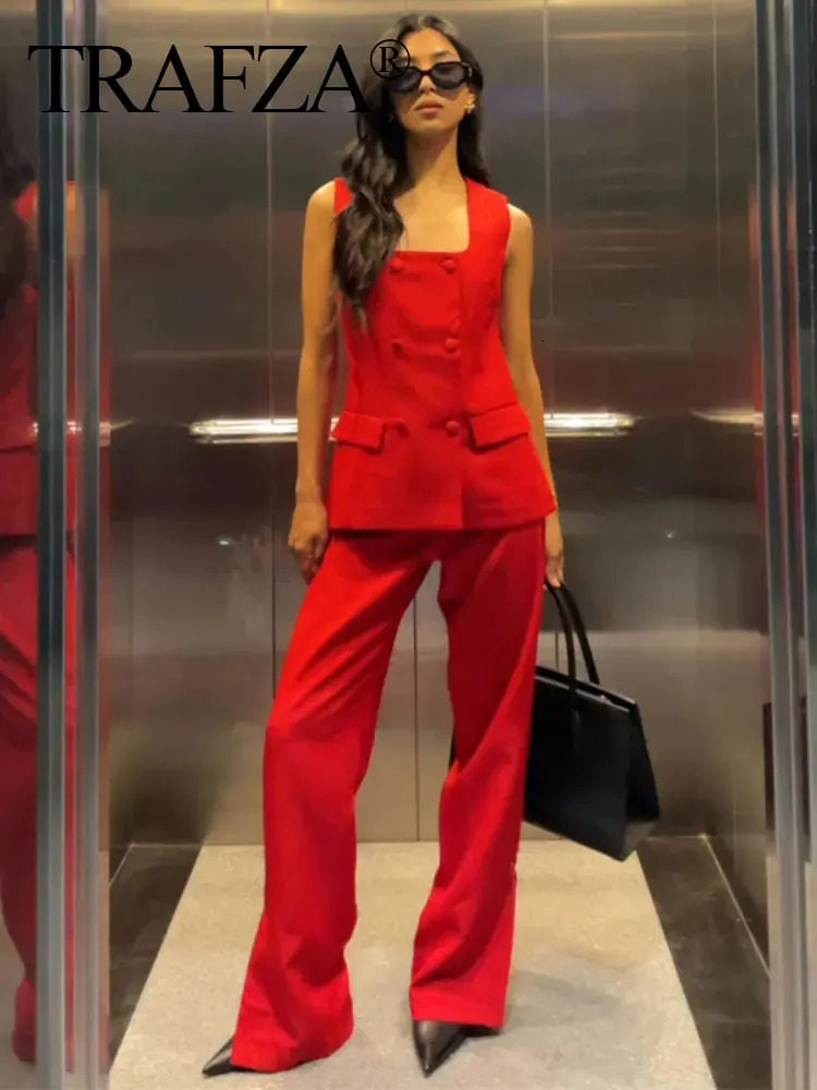 TRAFZA Womens Solid 2 Piece Sets Square Collar Double Breasted Vest Top Commute Wide Leg Long Pants Wild Trousers Outfit 250226