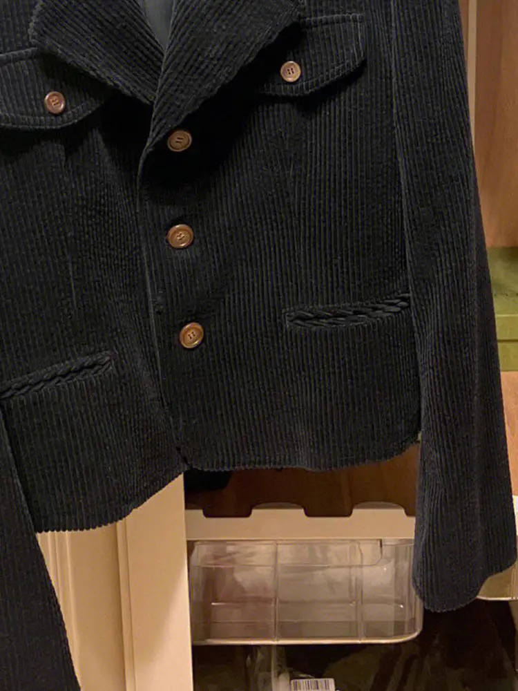 Spring And Autumn Black Corduroy Suit Jacket For Women Short Flip Collar Casual Top 250227