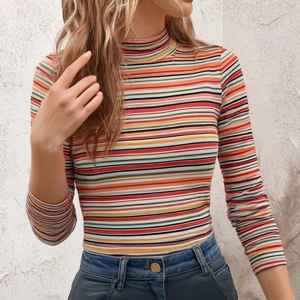 Mia Muse WomenS T-Shirts Autumn Fitting Slim Stripe Long Sleeve High-Neck Regular Casual T-Shirts 250227