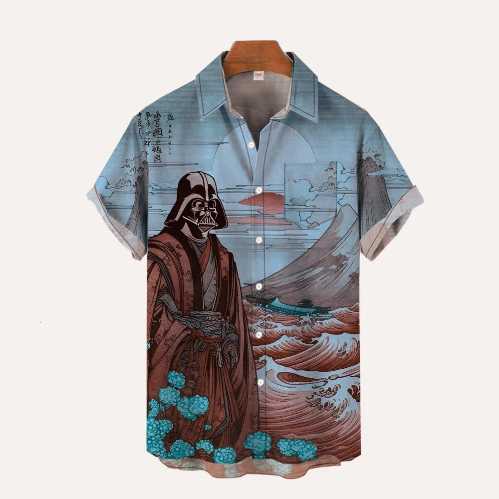Vintage Japan Harajuku Retro Masked Samurai Mens Hawaiian Casual Shirt Men With Print Short Loose Camisas Casuais Slim Fit Y2K 250224