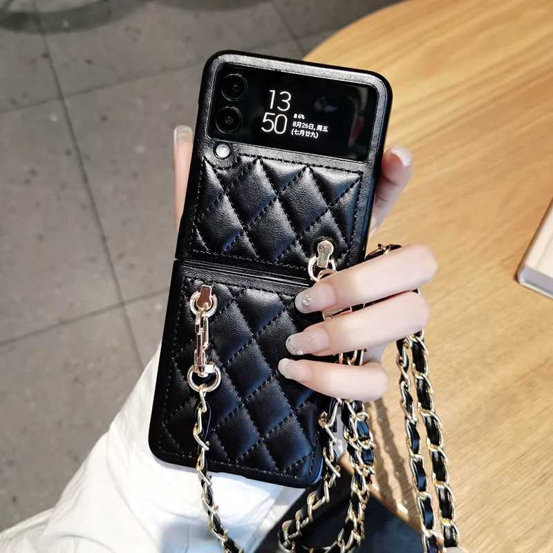 Fashion Crossbody Lanyard Rhombus Lambskin Leather Phone Case For Galaxy Z Flip 6 5 4 3 5G Long Chain Cover Z250227