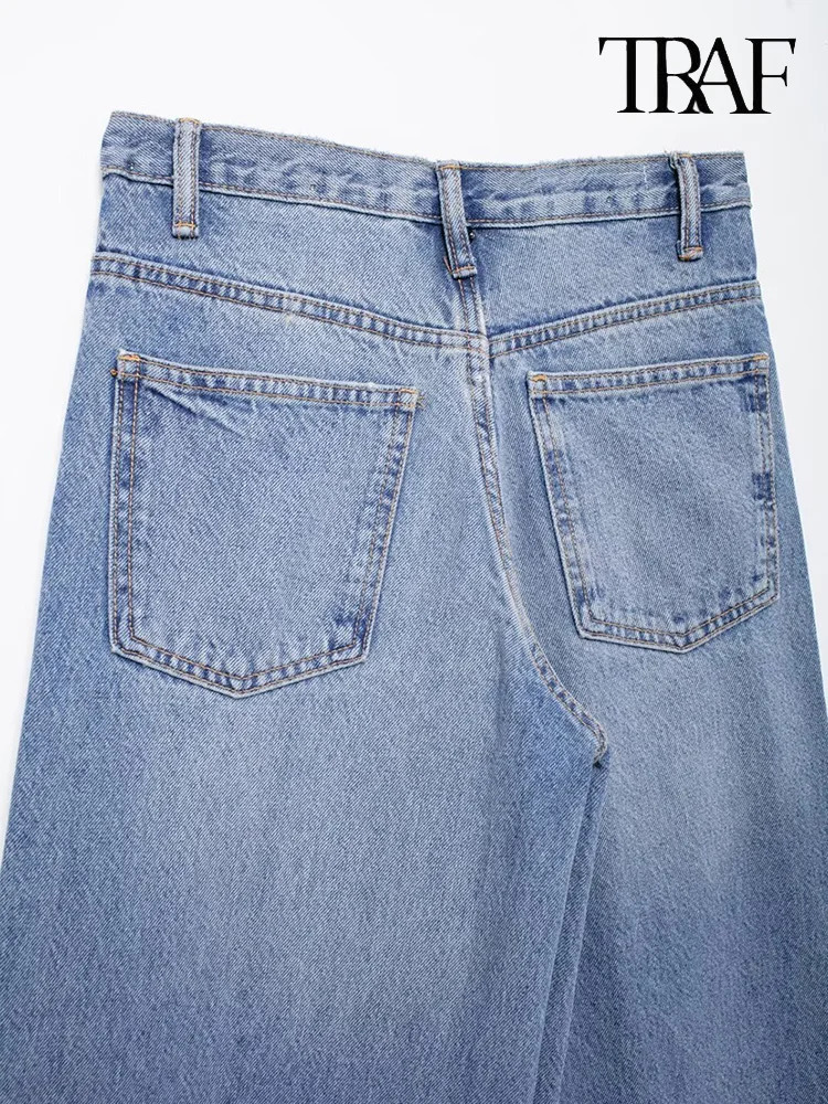 TRAF Womens Basic Hundred Jeans Fashion Asymmetric n High Waist Wide Leg Trousers Casual Straight 250226