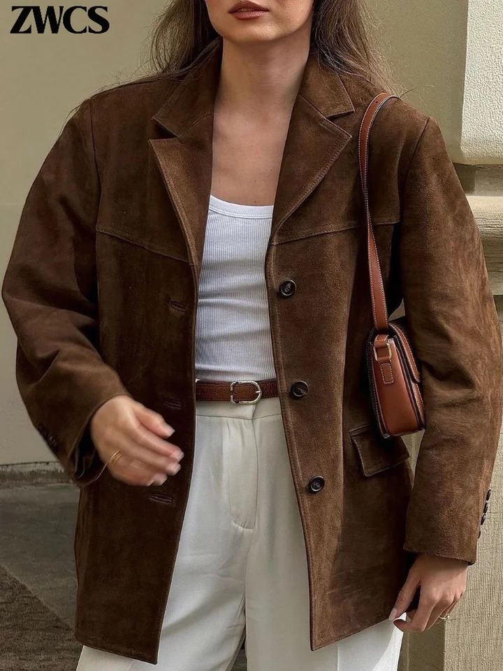 Vintage Suede Blazers Coat Women Loose Lapel Single Breasted Long Sleeve Pockets Jacket Autumn Lady High Street Outwear 250226