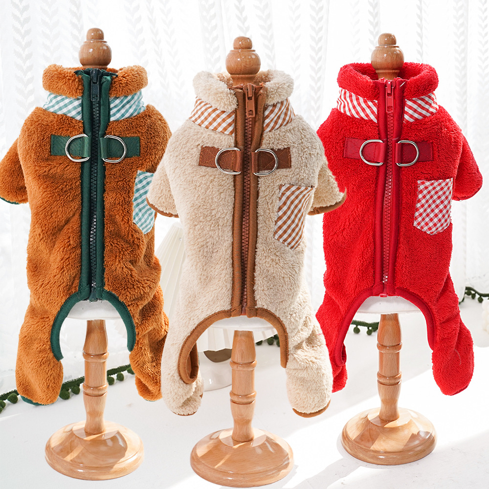 Fall - Winter Four - Legged Fleece Pet Clothes with Dual Leash Hooks for Dogs and Cats' Outings - Ideal for Teddy - style Pets