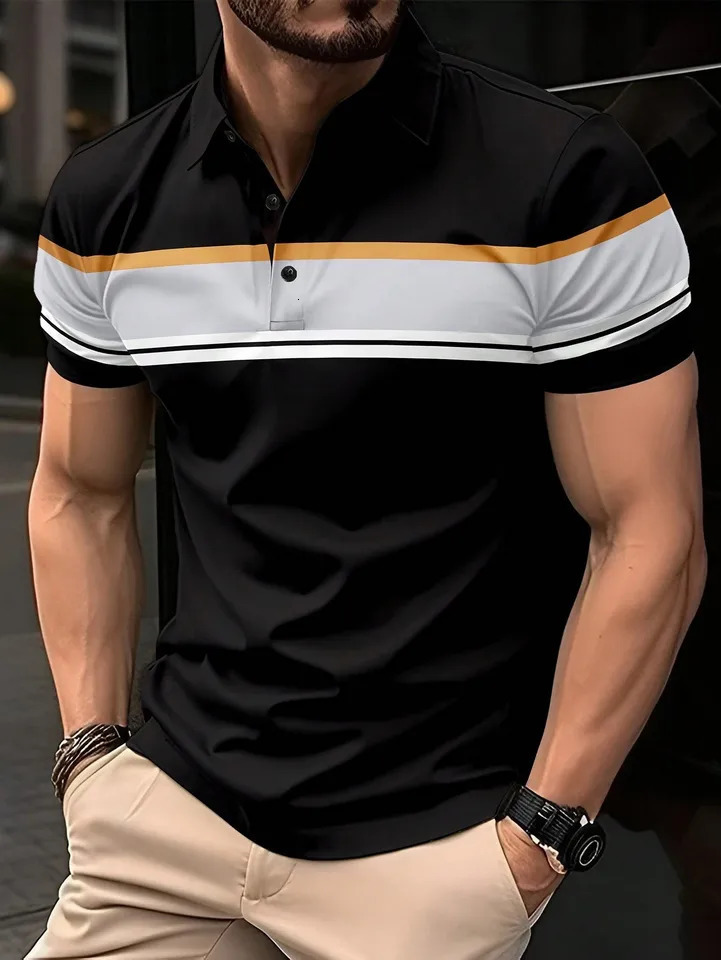 Summer Mens Polo Shirt Button Collar Short Sleeve Pullover Casual Sports Solid Color Striped Lapel Trend Mens T Shirt 250227