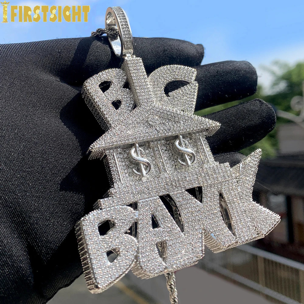 Iced Out Bling Heavy Chunky CZ Letter Big Bank Pendant Necklace Cubic Zirconia Dollar Symbol Bank Charm Men Hip Hop Jewelry 250227