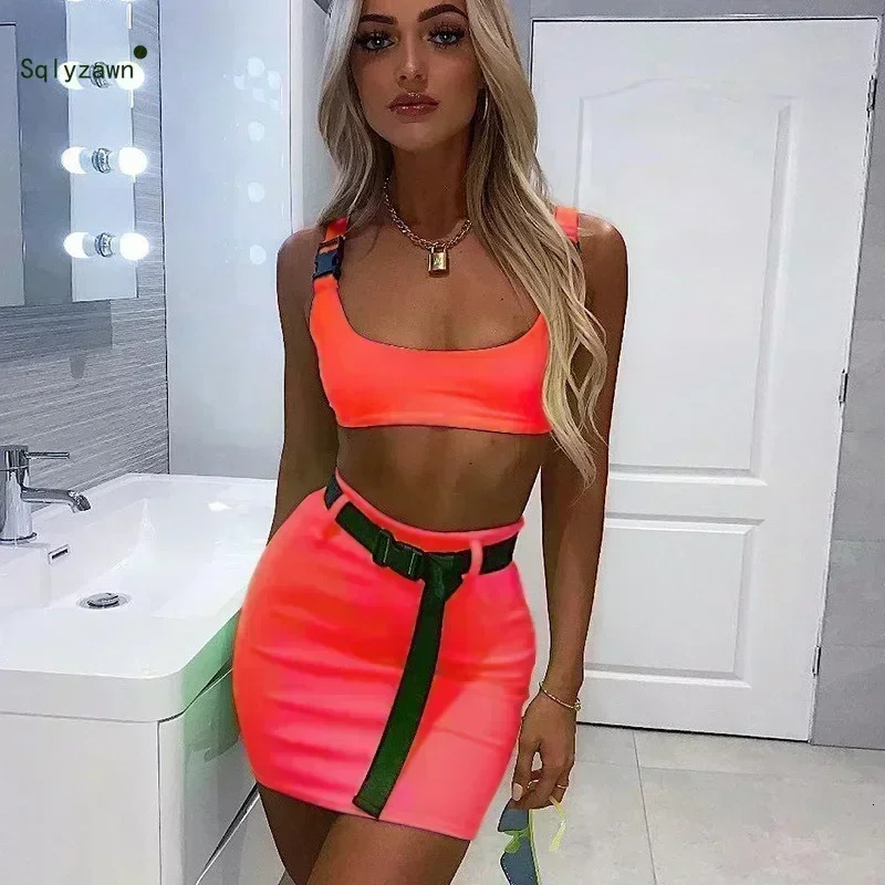 Women Sexy Fluorescent 2 Piece Skirt Set Streetwear Tank Crop Top Bandage Buckle Bodycon Mini Skirt Neon Blue Pink Outfits 250226
