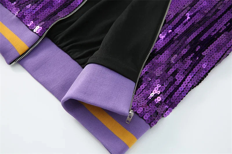 Spring And Autumn Patchwork Color Long Sleeve Round Neck Sequins Coats Loose Streetwear Zipper Hip Hop Women Jackets 250227