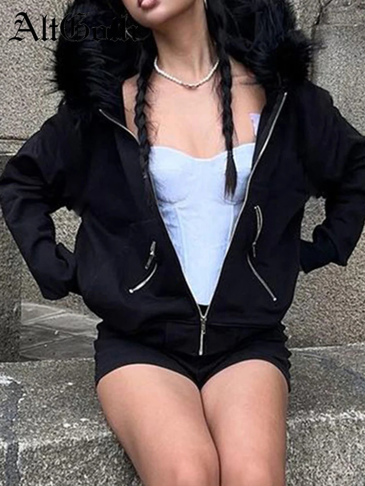 AltGoth Dark Academia Gothic Sweatshirt Women Streetwear Harajuku Vintage Y2k Egirl Cyber Punk Fur Collar Loose Cardigan Tops 250226
