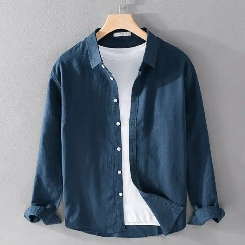 Spring Summer Mens Solid Color Simple Long-sleeved Shirt Loose High-end Comfortable Square Collar Handsome Trendy Mens Shirt 250224