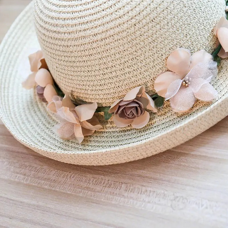 MAERSHEI Summer Straw Hat Handmade Flower Womens Garland Sunbonnet Bucket Hat Roll-up Hem Beach Cap Sun Hat For Girls 250218