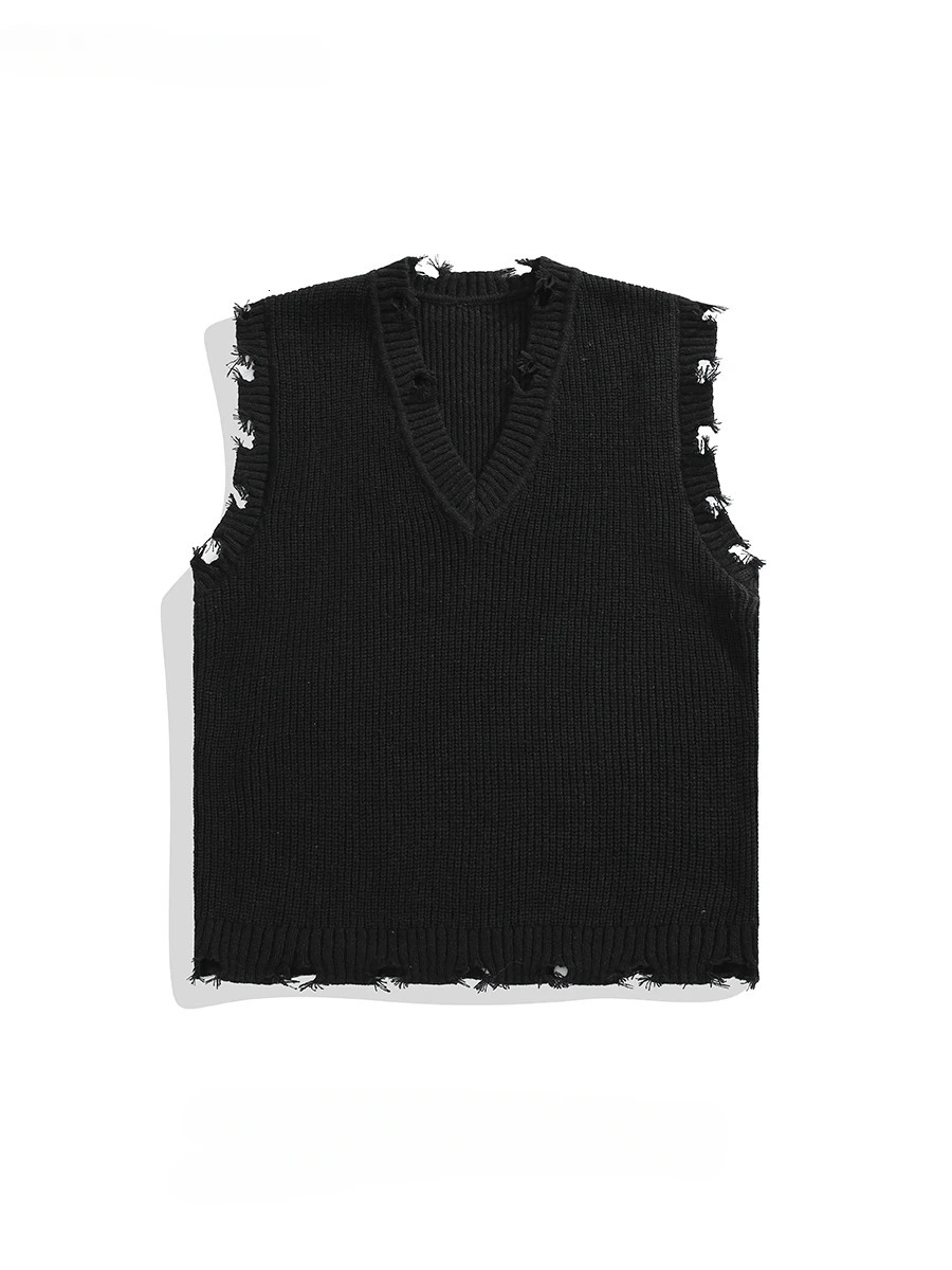 Men and Women College Style Ripped Hole Raw Edge Knitted Vests Trendy Solid Color Casual Versatile Loose Sweater Waistcoat 250225