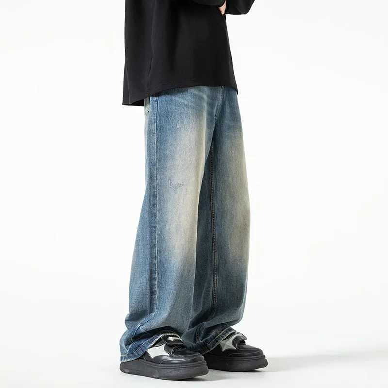 New Washed Jeans Street Trousers Male Denim Pants Solid Color Wide Leg Pant Button Casual Streetwear Hip Hop Heavy Metal Style X250227