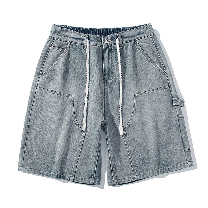 Streetwear Straight Summer Men Cargo Denim Shorts Korean Vintage Loose Casual Short Jeans Washed Elastic Waist Mens 250226