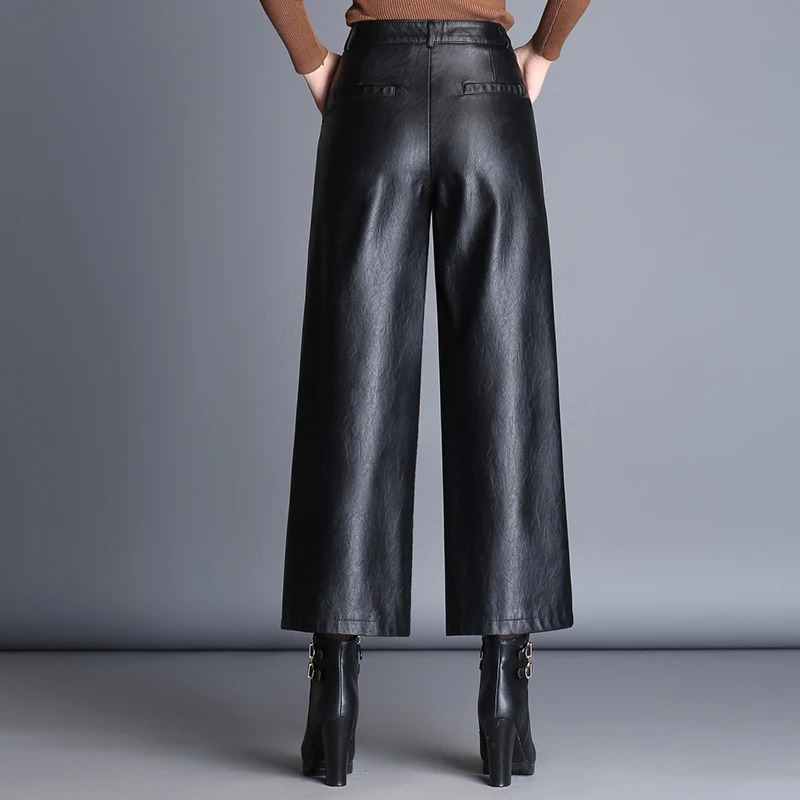 ZUZK Women Wide Leg PU Leather Pants Autumn Winter Fashion Warm Long Pants Straight Elegant Leather Trousers 250226