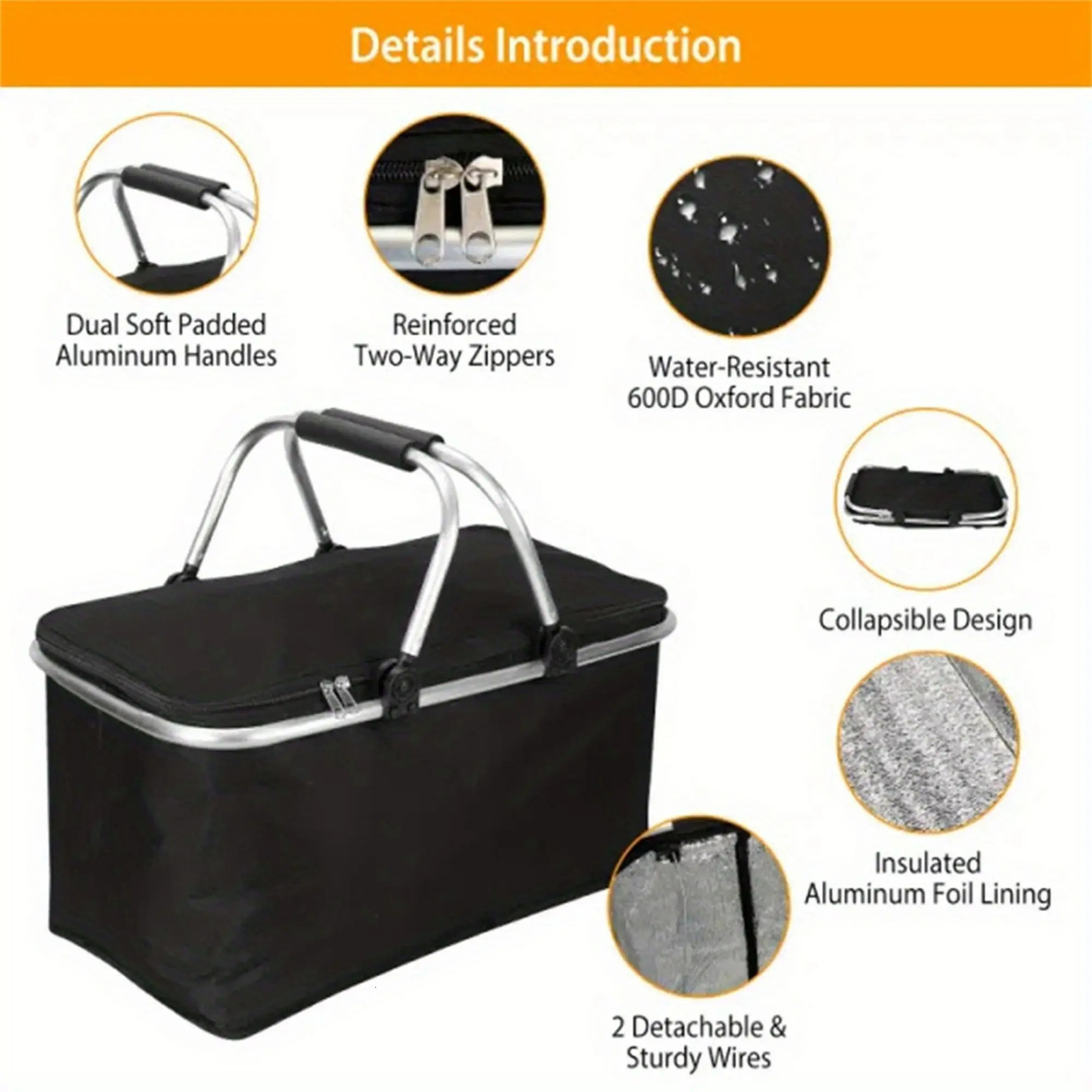 Ship from US Large capacity insulated basket picnic bag foldable shopping preservation lunch Black 250227FBB