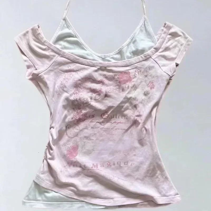 Summer Two Pieces Halter Bandage Vintage Tshirts Y2k Aesthetic Slim Crop Tops Women Grunge Print Harajuku Casual Sexy Tee 250226