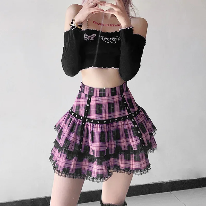Gothic Japanese Harajuku s Purple Pink Plaid Pleated Skirt Punk Sweet Lace Kawaii Lolita Cake Mini Skirts Cosplay Costume 250224