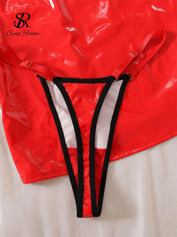 SINGREINY Plaid Leather Sexy Three Pieces Sets Halter Backless TopSlim Short SkirtThongs Hollow Out Night Club sweet Suits 250226