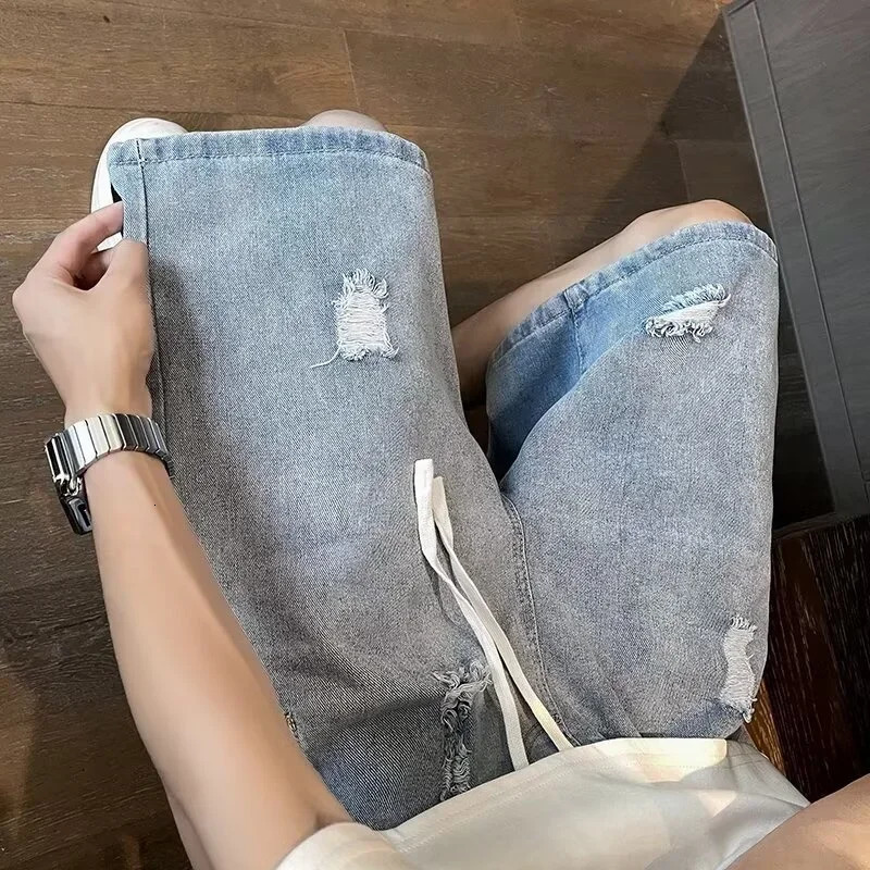 Summer Baggy Ripped Jorts For Men Y2K Streetwear Denim Shorts Retro Casual Pants Wide Leg Straight Blue Bermuda Jean 250226