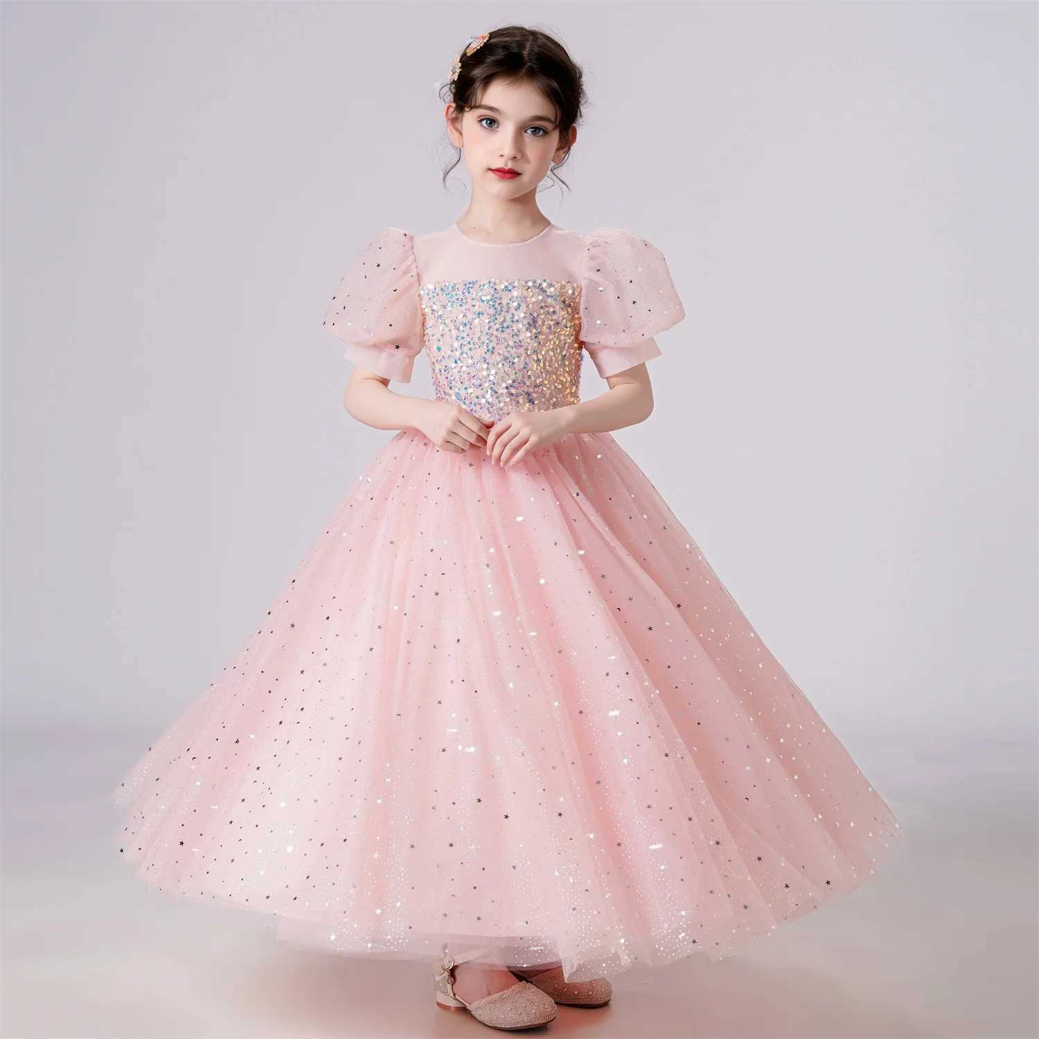 Girl's Dresses Elegant Party Dress Girl Puff Sleeve Princess Dress Wedding Childrens Sparkling Lace Birthday Party Formal Evening Dress Y250227OO