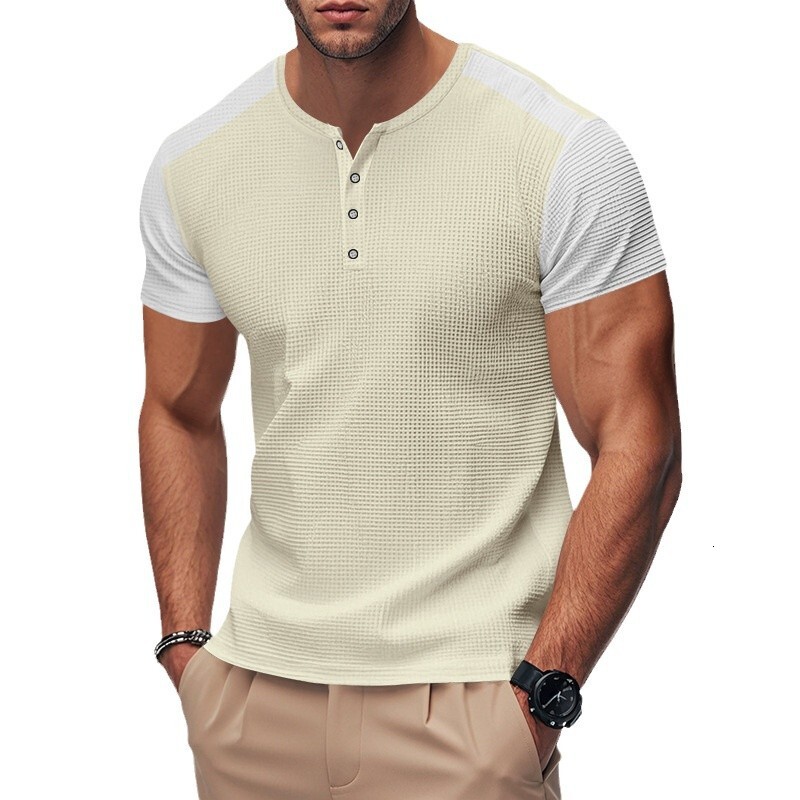 2025 Spring/summer New Large Men's Oversized Waffle Color Blocked T-shirt Henry Shirt