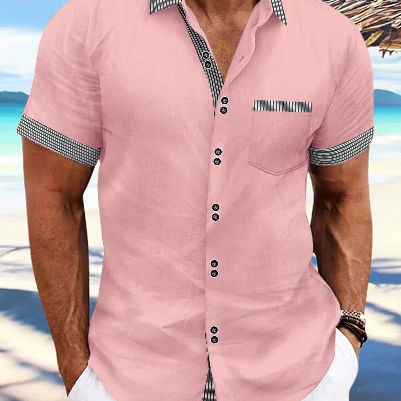 2025 Cross-border Summer Fashion Mens Striped Double-button Short-sleeved Business Slim Casual Shirt Short-sleeved Shirt 250224