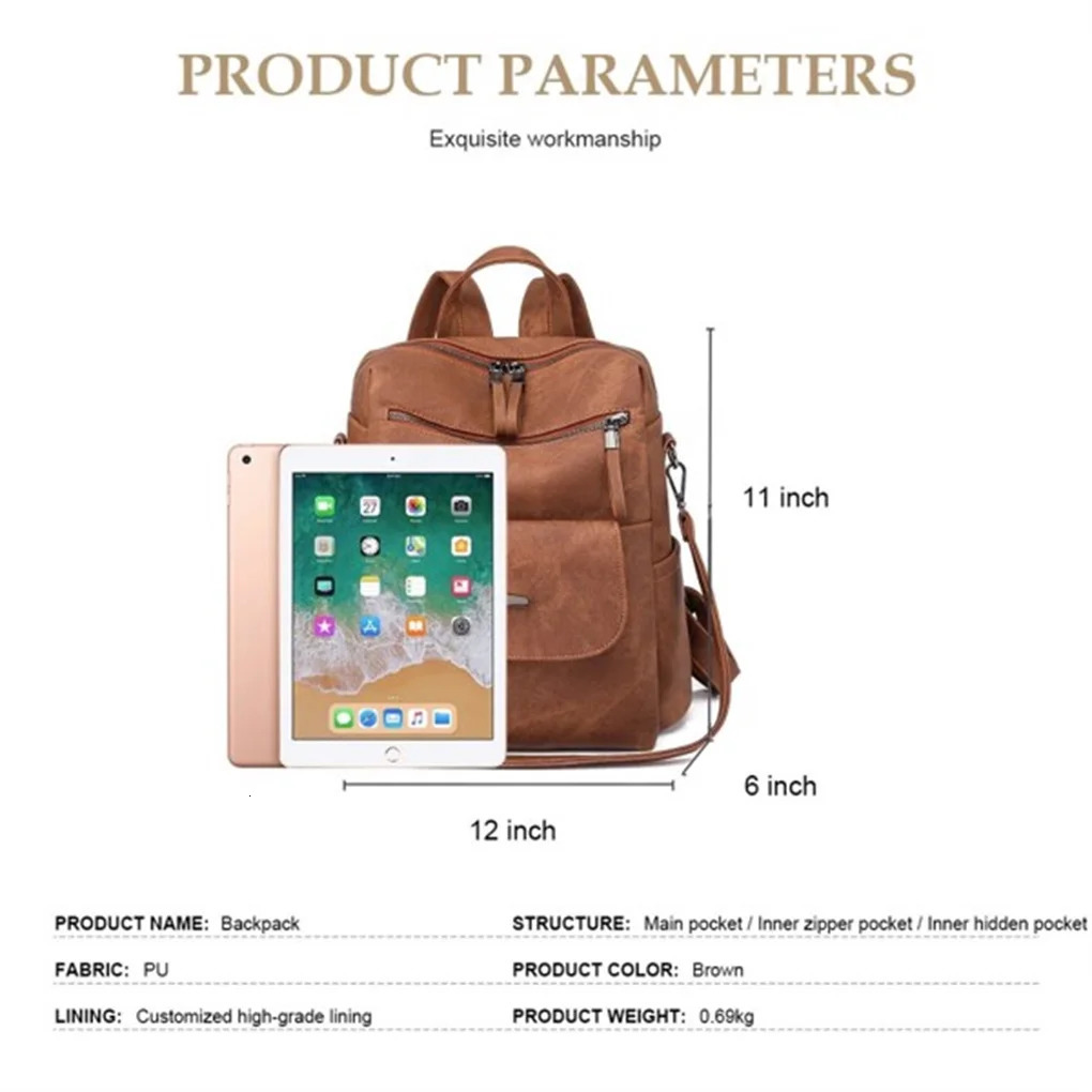 Ship from US Womens backpack wallet waterproof PU leather handbag womens casual shoulder bag brown 250227FBB