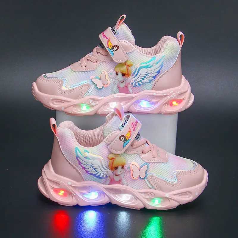 Outdoor Light Up Sport Shoes Luminous Sneakers Cartoon Princess Baby Girls Casual Shoes Children Walking Running Shoes With Lights S25226