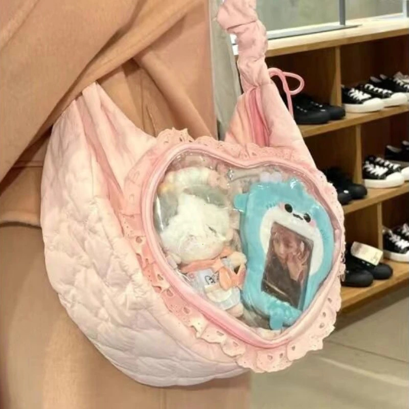 Pink Cute Womens Shoulder Bag Pleated Love Heart Lolita Jk Ita Bag Drawstring Ballet Style Sweet Fashion Female Handbag 250221