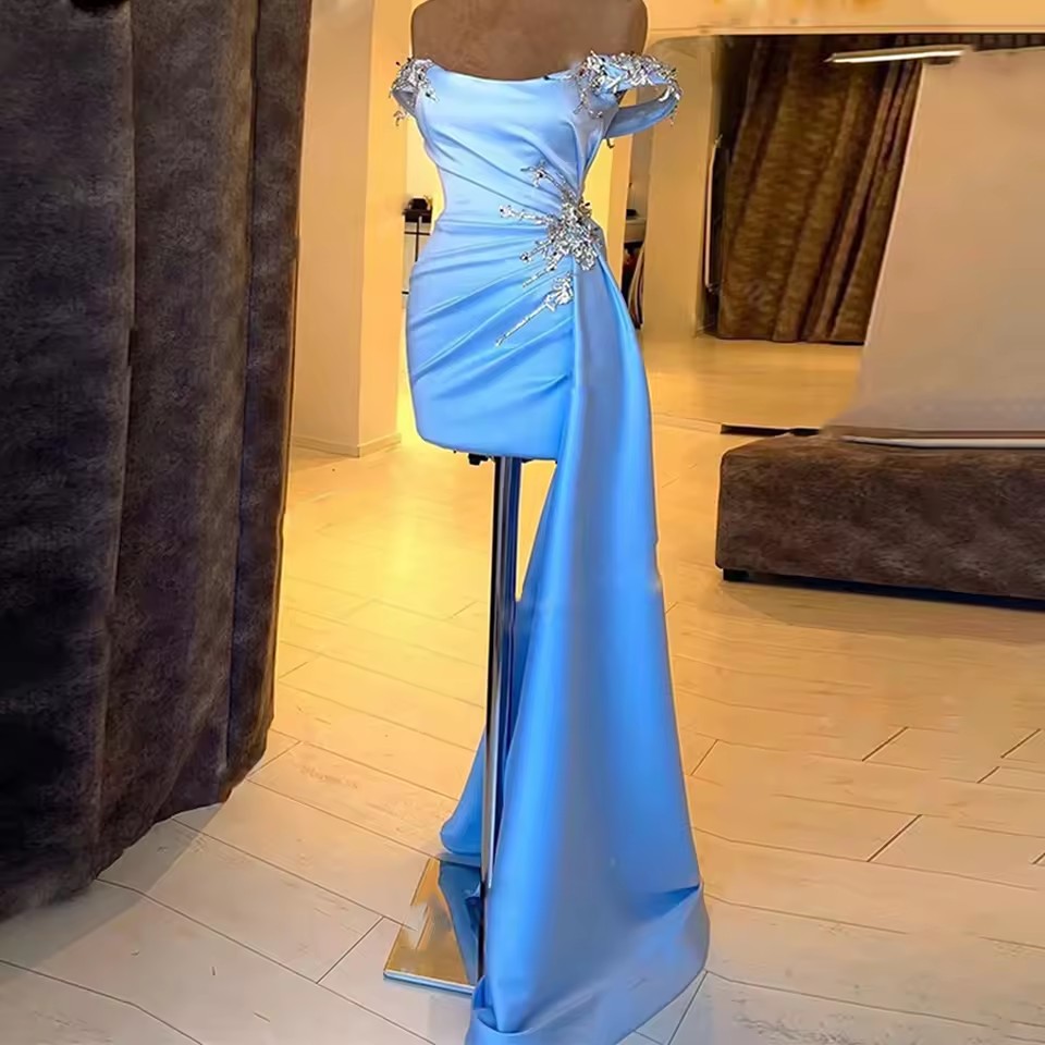 Sky Blue Short Prom Dresses Off The Shoulder Beading Pleated Mini Cocktail Evening Gowns Homecoming Party Gowns Elegant Mini Cocktail Dress Vestidos D