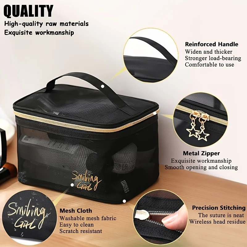 Ship from US 5pcsset Make Up Bag Travel Cosmetic Organizer Transparent Black Mesh Pouch Makeup 250227FBB