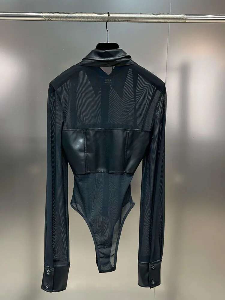 DEAT New Trendy Women's Mesh Spliced Leather Fake Two-piece Bodysuits 2025 Spring Fashion Long Sleeves Jumpsuit Female 11XX8010