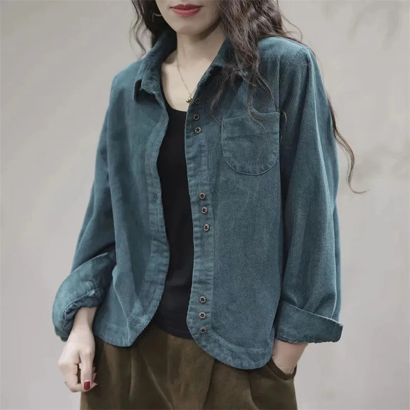 Women Lapel Collar Corduroy Shirt Coat Spring And Autumn Female Long Sleeved Cardigan Blouse Jacket Korean Ladies Blue Top 250227