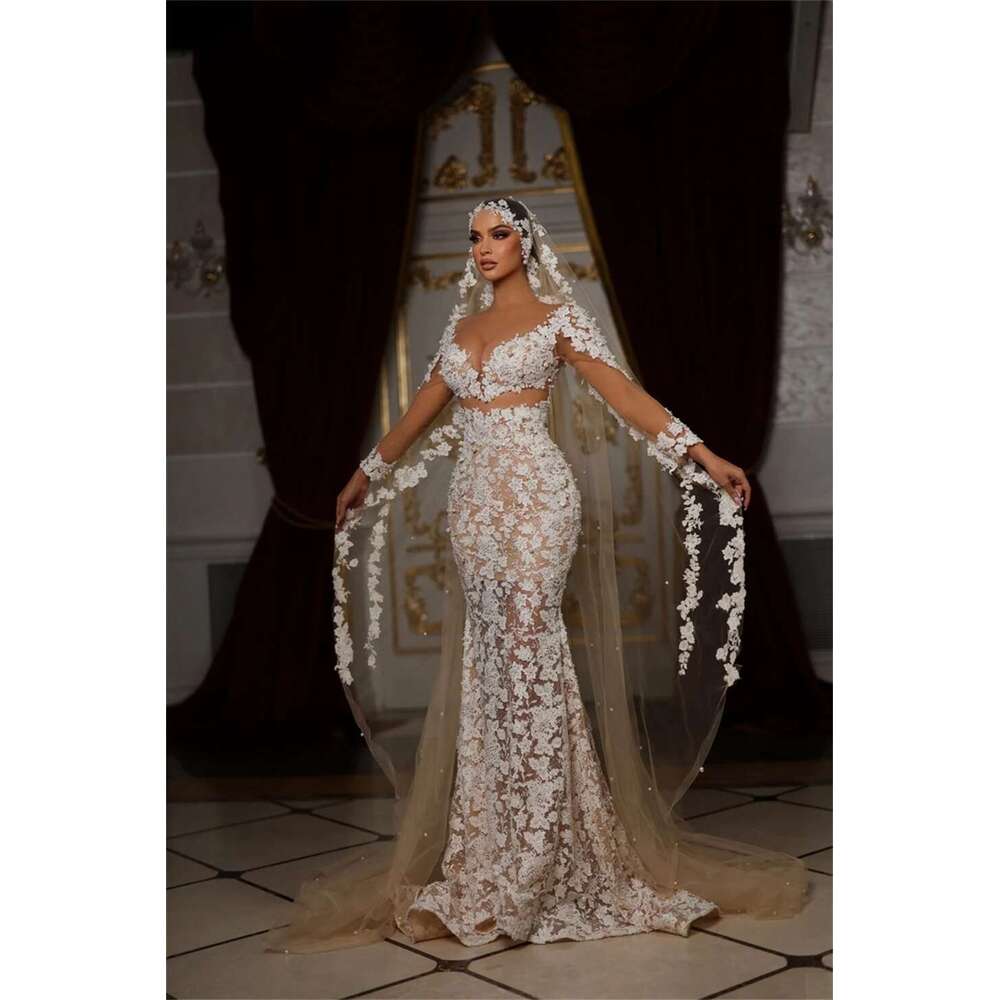 of the Mermaid Wedding Dress with V Neckline Bareback Long Sleeves Appliques Beads Backless Satin Chapel Custom Dresses from novia