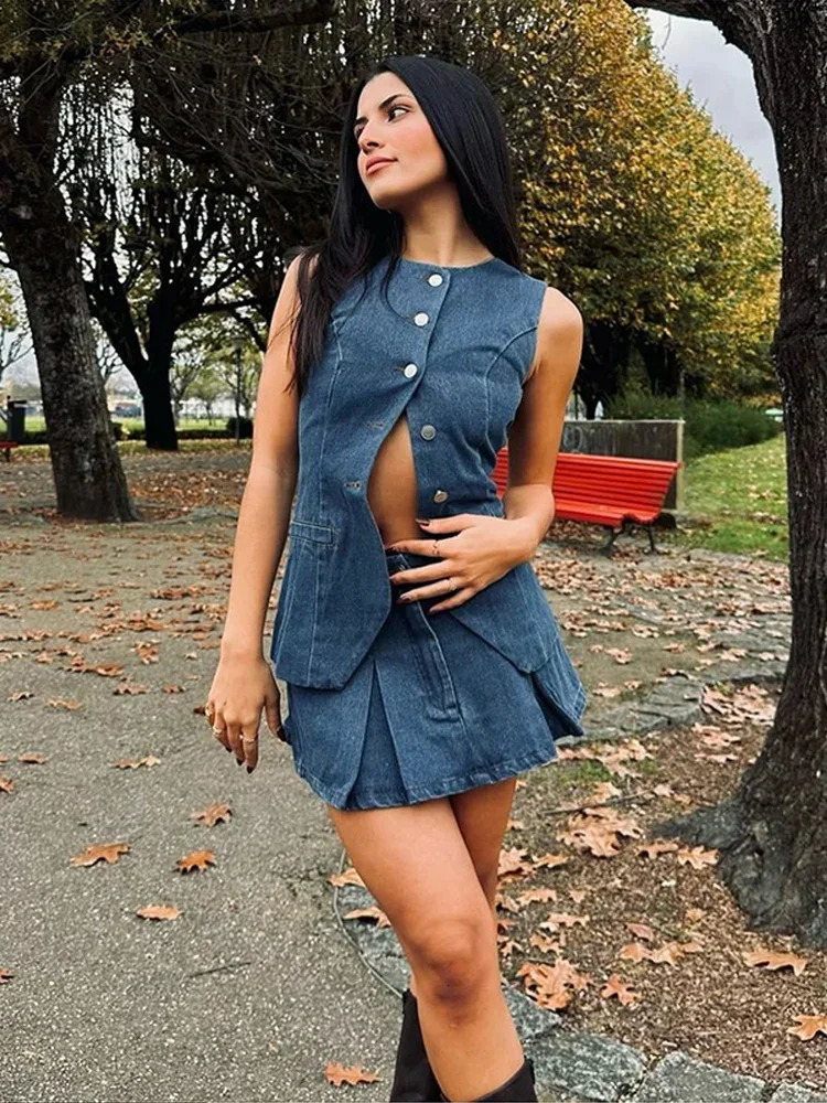 Fashion Denim Mini Pleated Skirt Sets For Women Chic Single Breasted Tank Tops Y2K Short Skirt 2 Pcs Sets 2025 Chic Lady Outfit 250226