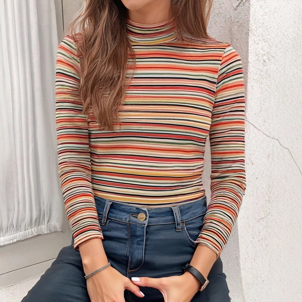 Mia Muse WomenS T-Shirts Autumn Fitting Slim Stripe Long Sleeve High-Neck Regular Casual T-Shirts 250227